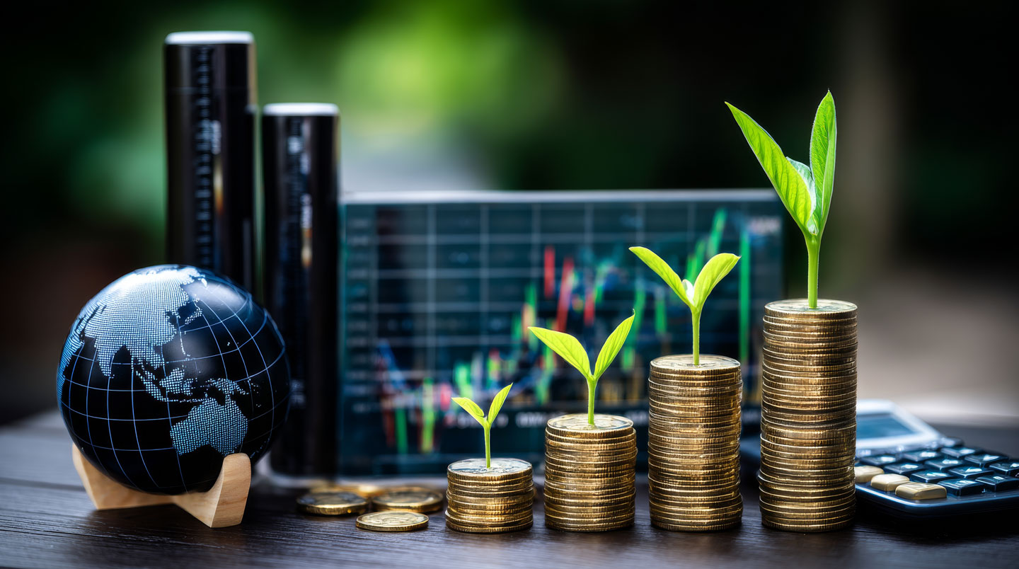 Pile de pièces d'euro et jeune pousse dans la terre reliées par un ruban de mesure, symbolisant le passage du coût d'achat au coût global incluant l'impact carbone.