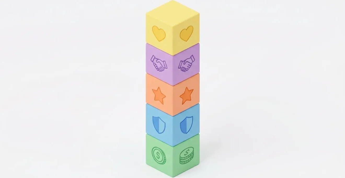 Structure isométrique de cinq blocs colorés représentant les piliers d'une stratégie de transition écologique : économies, sécurité, image, partenariat, bien-être.