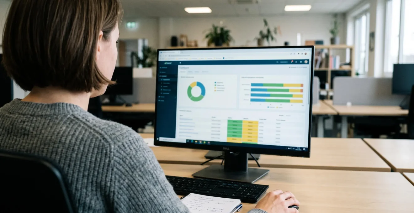 Un collaborateur consulte un tableau de bord de suivi des paiements clients sur son écran.