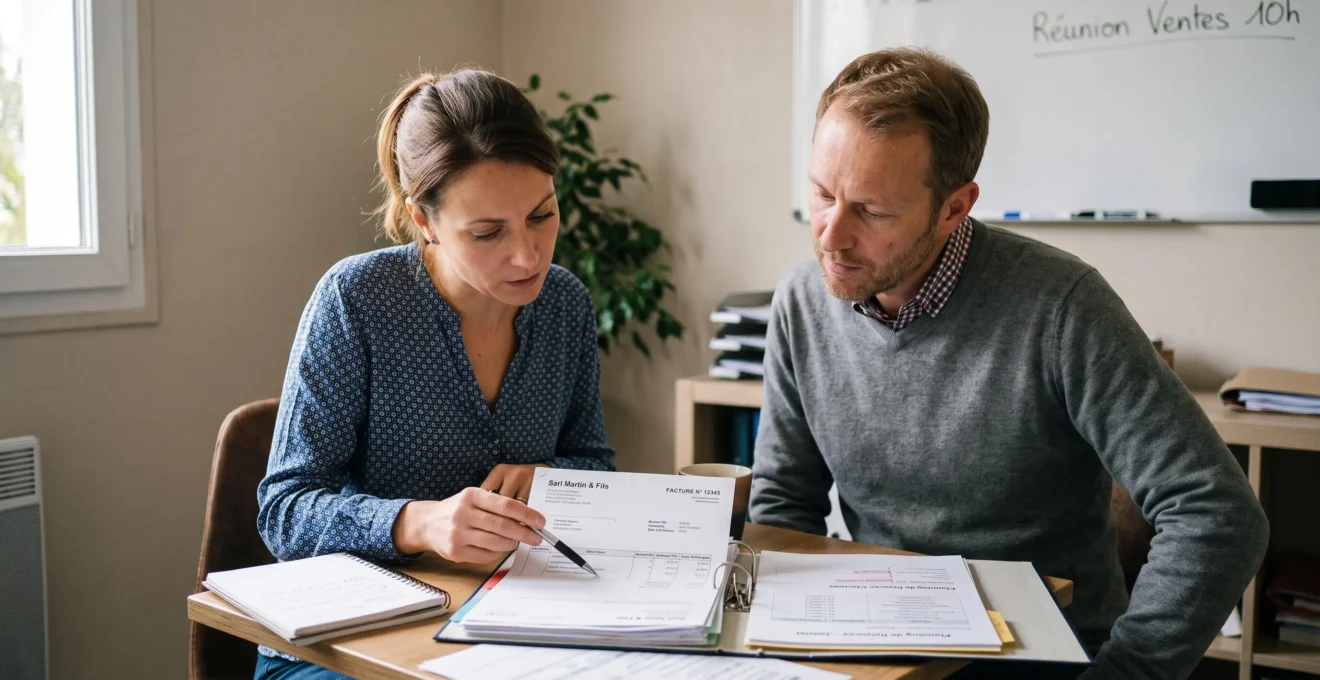 Un commercial et une assistante comptable examinent ensemble des factures client autour d'une table.