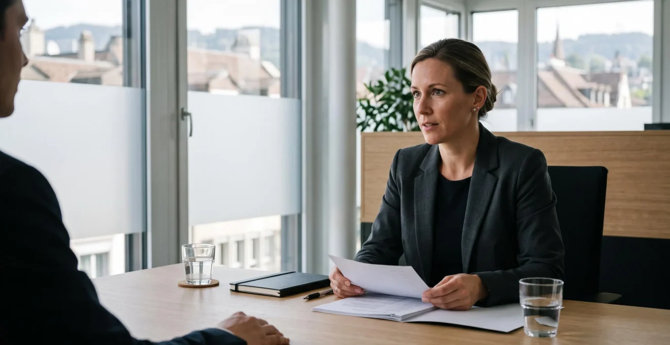 Une consultante en recrutement conduit un entretien structuré avec un candidat dans un bureau suisse lumineux.