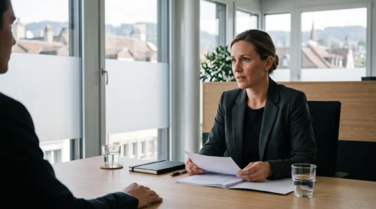Une consultante en recrutement conduit un entretien structuré avec un candidat dans un bureau suisse lumineux.