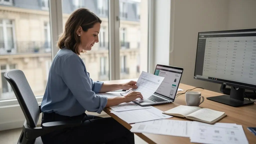 Une responsable de données produits compare des fiches imprimées et son ordinateur portable dans un bureau en France.