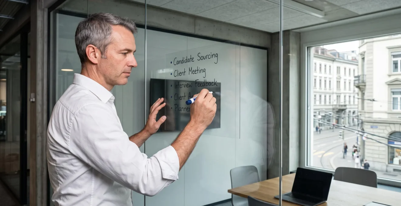 Un professionnel du recrutement rédige un plan structuré au marqueur sur une paroi vitrée de bureau.