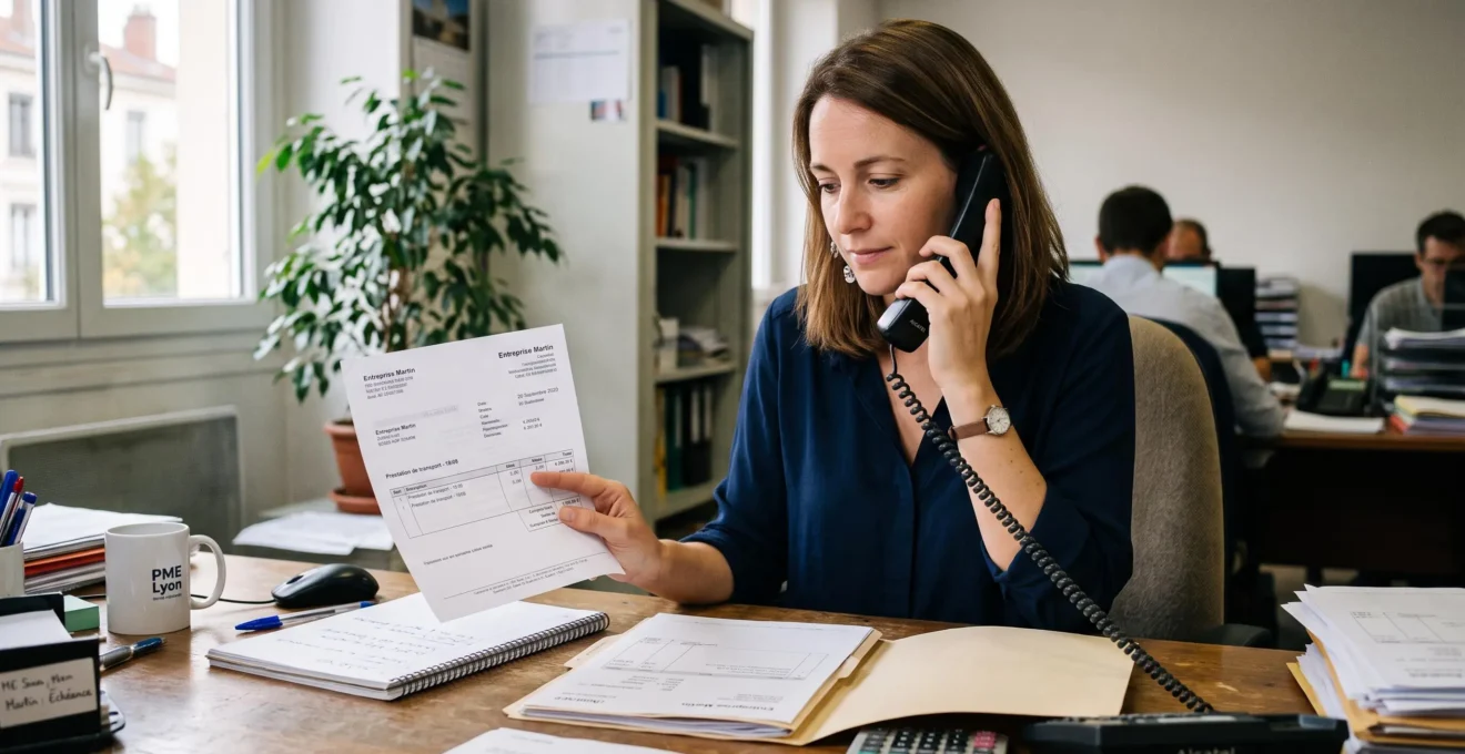 Une responsable du recouvrement au téléphone dans un bureau, une facture client en main.