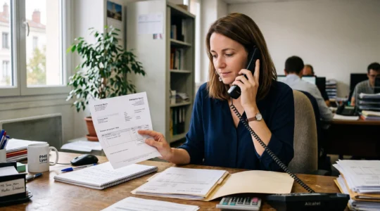 Une responsable du recouvrement au téléphone dans un bureau, une facture client en main.