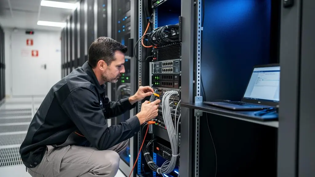 Un technicien informatique vérifie les connexions d'une baie de serveurs avec un testeur de câbles dans un data center.