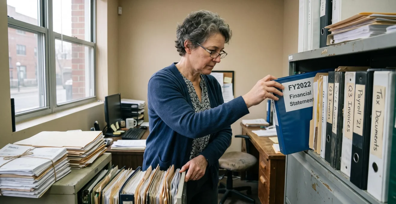 Une comptable consulte des dossiers financiers archivés dans un classeur de bureau.