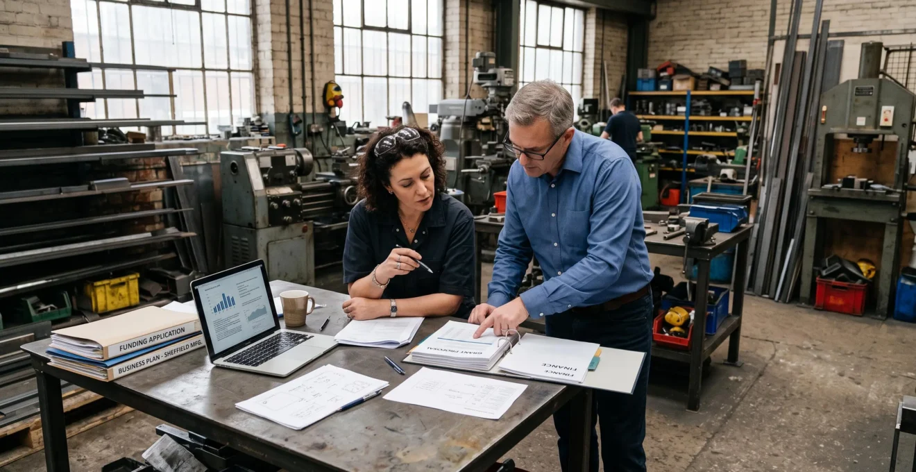 Un dirigeant de PME et une conseillère examinent un dossier de financement dans un atelier.