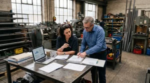 Un dirigeant de PME et une conseillère examinent un dossier de financement dans un atelier.