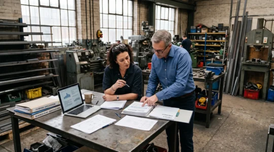 Un dirigeant de PME et une conseillère examinent un dossier de financement dans un atelier.